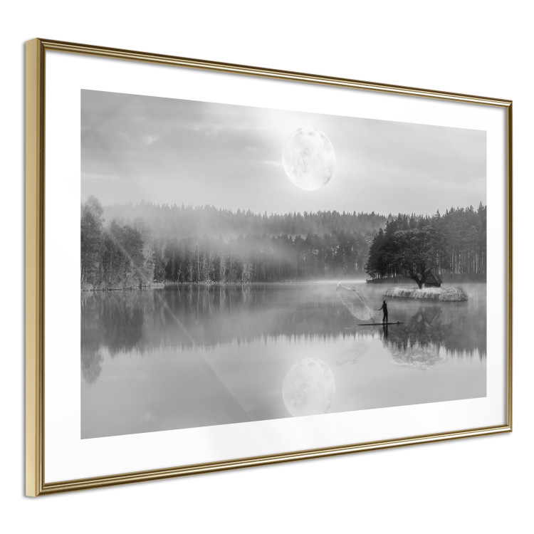 Wall Poster Night Landscape - Lake Illuminated by the Moonlight in Black and White 147658 additionalImage 4