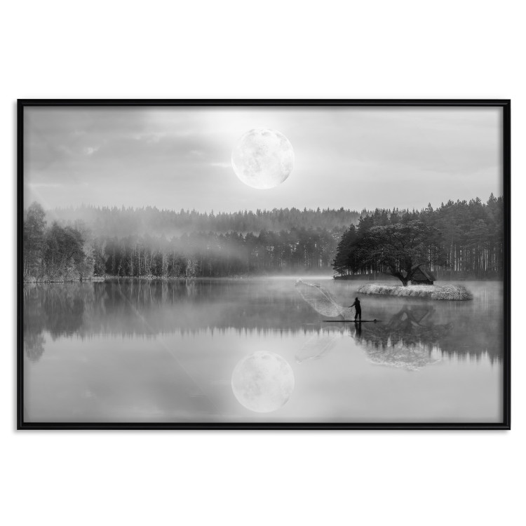 Wall Poster Night Landscape - Lake Illuminated by the Moonlight in Black and White 147658 additionalImage 19