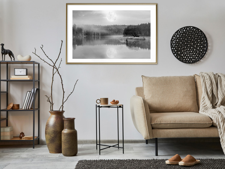 Wall Poster Night Landscape - Lake Illuminated by the Moonlight in Black and White 147658 additionalImage 10