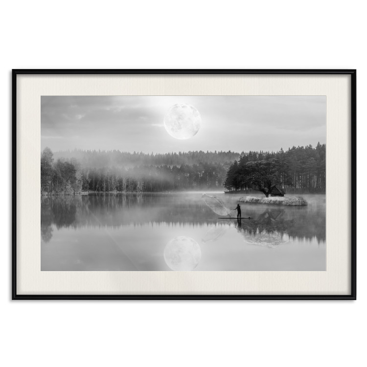 Wall Poster Night Landscape - Lake Illuminated by the Moonlight in Black and White 147658 additionalImage 24