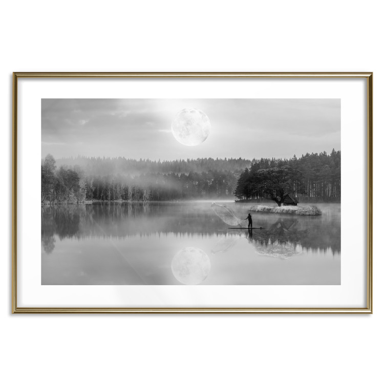 Wall Poster Night Landscape - Lake Illuminated by the Moonlight in Black and White 147658 additionalImage 25