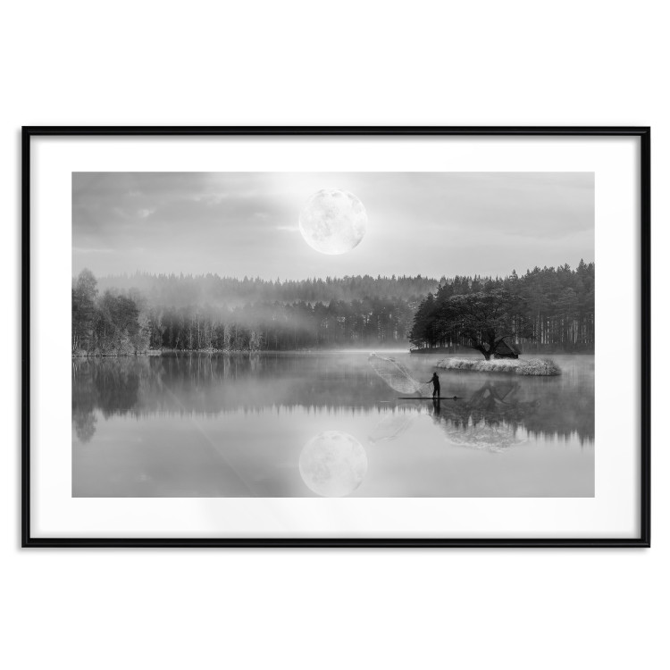 Wall Poster Night Landscape - Lake Illuminated by the Moonlight in Black and White 147658 additionalImage 22