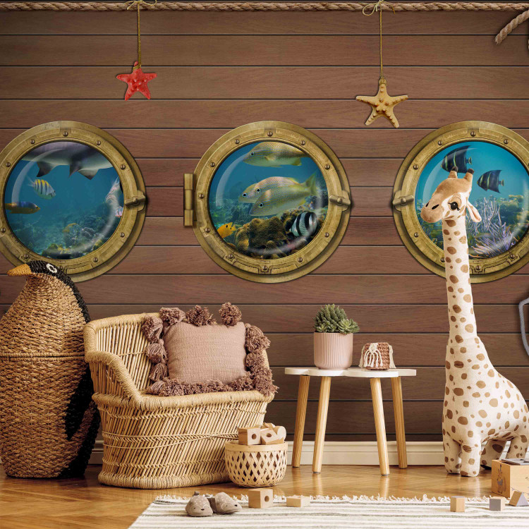 Wall Mural Fish by the Bow - Illusion of a view of marine animals through a window on a boat 61258 additionalImage 3