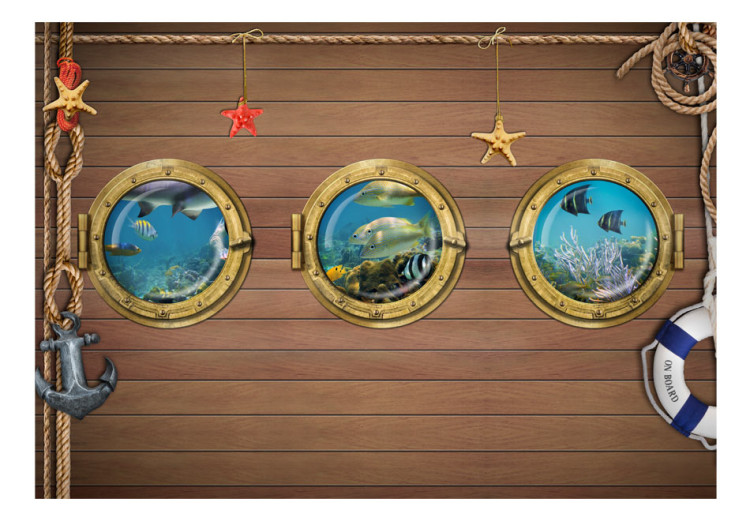 Wall Mural Fish by the Bow - Illusion of a view of marine animals through a window on a boat 61258 additionalImage 1