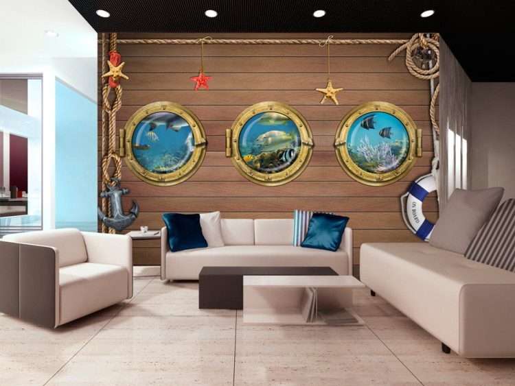Wall Mural Fish by the Bow - Illusion of a view of marine animals through a window on a boat 61258
