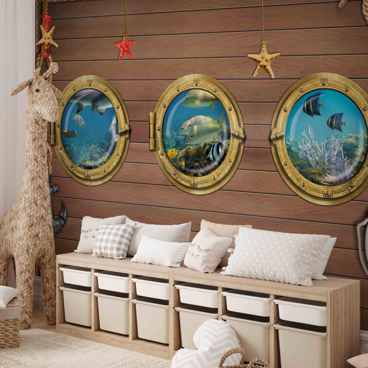 Wall Mural Fish by the Bow - Illusion of a view of marine animals through a window on a boat 61258 additionalImage 6