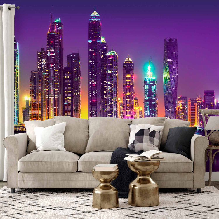 Wall Mural Purple nights Dubai - panorama with skyscrapers and reflection in water 90558