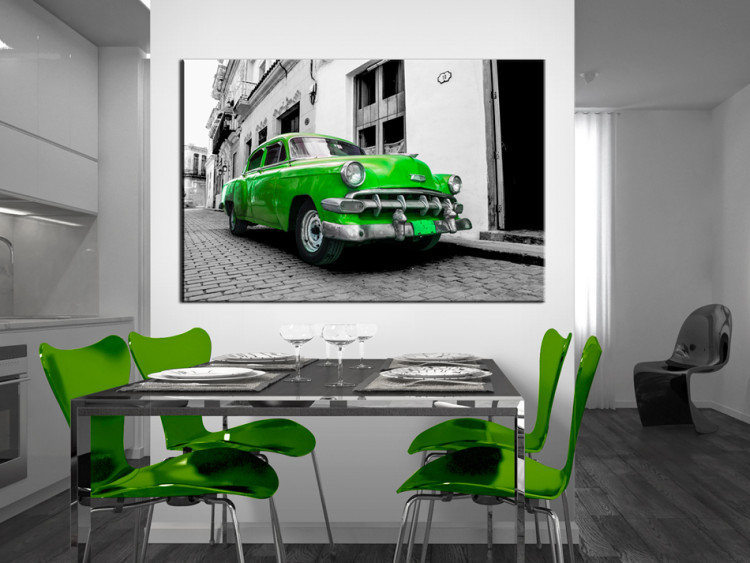 Canvas Art Print Green Cuban Car (1-piece) - Black and White Cityscape with Car 93958 additionalImage 3