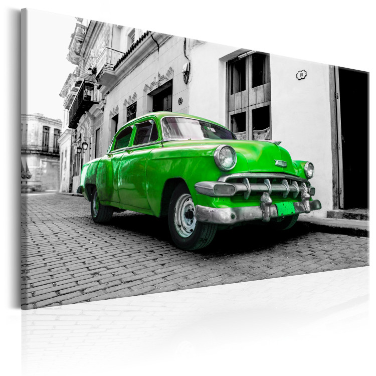 Canvas Art Print Green Cuban Car (1-piece) - Black and White Cityscape with Car 93958 additionalImage 2