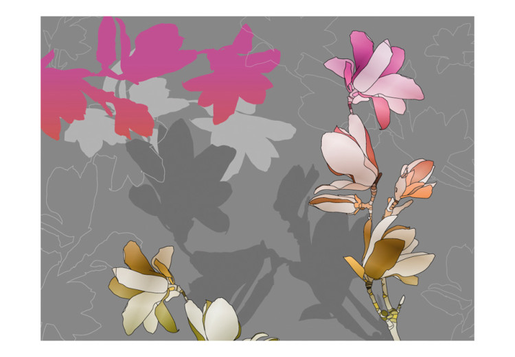 Photo Wallpaper Graphic flowers - colourful magnolias on a branch with shadow on a grey background 97158 additionalImage 1