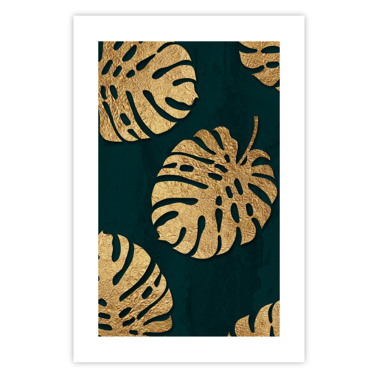 Poster Golden Luxury Leaves - glamorous composition in emerald background and plants 117568 additionalImage 22
