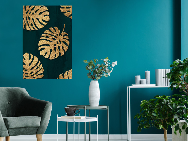 Poster Golden Luxury Leaves - glamorous composition in emerald background and plants 117568 additionalImage 16