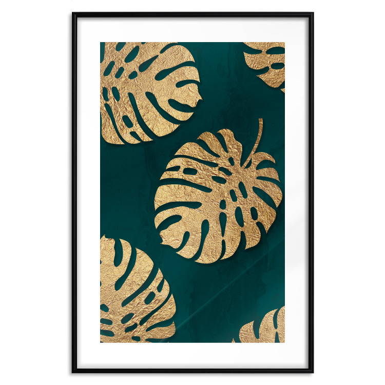 Poster Golden Luxury Leaves - glamorous composition in emerald background and plants 117568 additionalImage 27