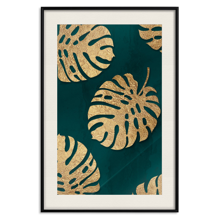 Poster Golden Luxury Leaves - glamorous composition in emerald background and plants 117568 additionalImage 19