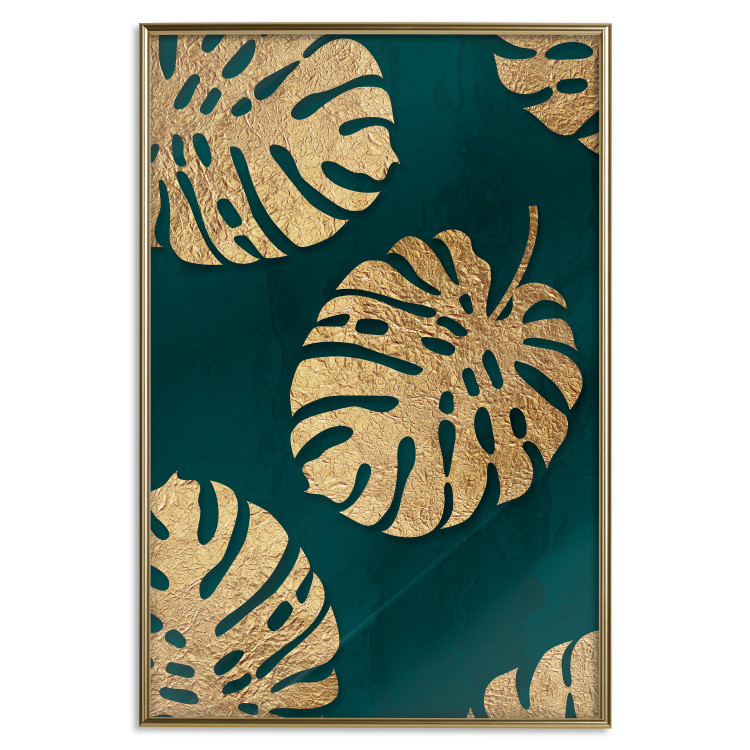 Poster Golden Luxury Leaves - glamorous composition in emerald background and plants 117568 additionalImage 26