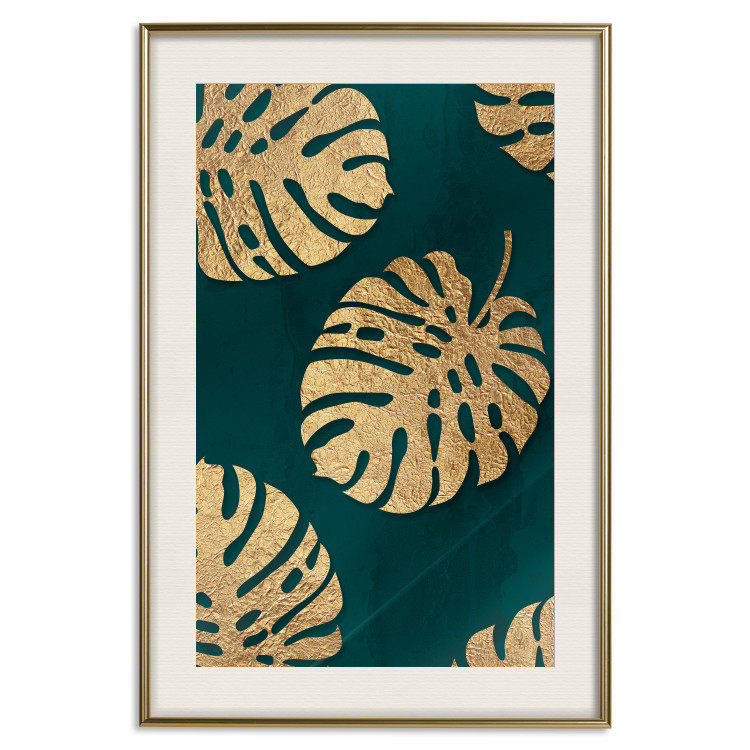 Poster Golden Luxury Leaves - glamorous composition in emerald background and plants 117568 additionalImage 21