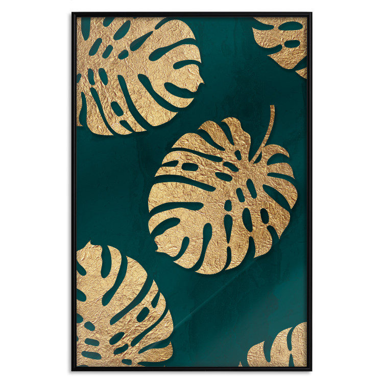 Poster Golden Luxury Leaves - glamorous composition in emerald background and plants 117568 additionalImage 25