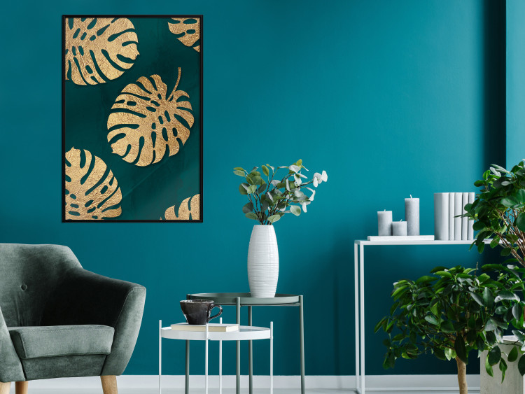 Poster Golden Luxury Leaves - glamorous composition in emerald background and plants 117568 additionalImage 5