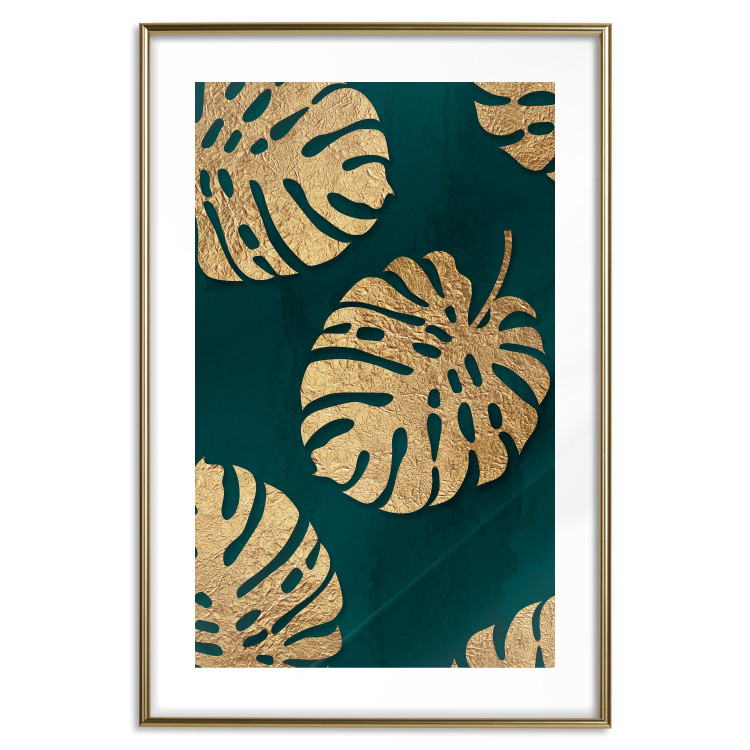 Poster Golden Luxury Leaves - glamorous composition in emerald background and plants 117568 additionalImage 20
