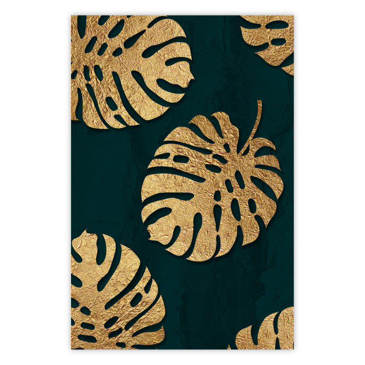 Poster Golden Luxury Leaves - glamorous composition in emerald background and plants 117568