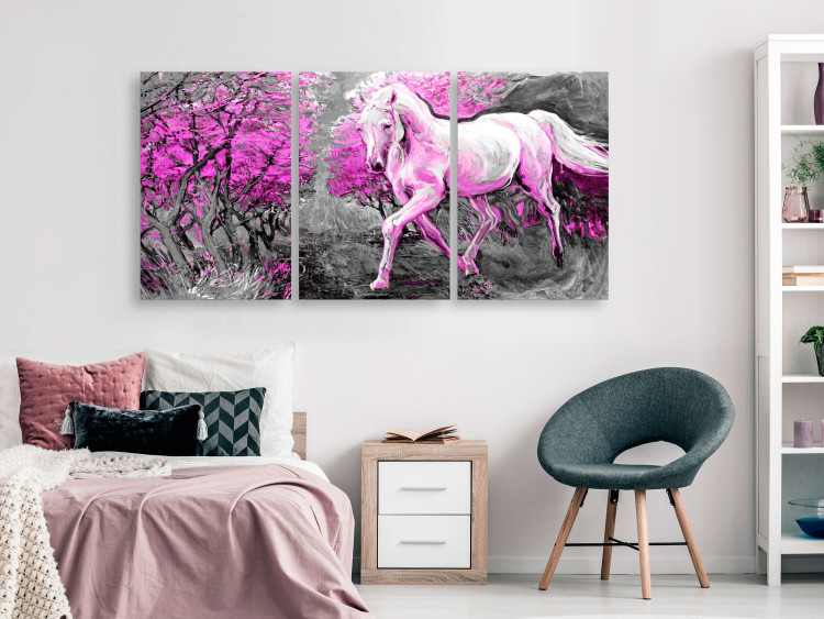 Canvas Print Pink horse in gallop - graphic with a running horse between the trees 123068 additionalImage 3