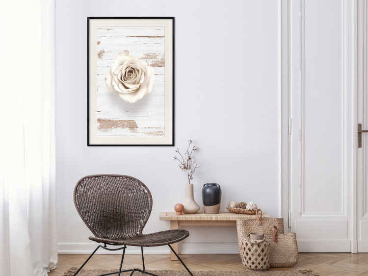 Poster Pastel Whirl - white rose flower on background of light wooden planks 128068 additionalImage 24