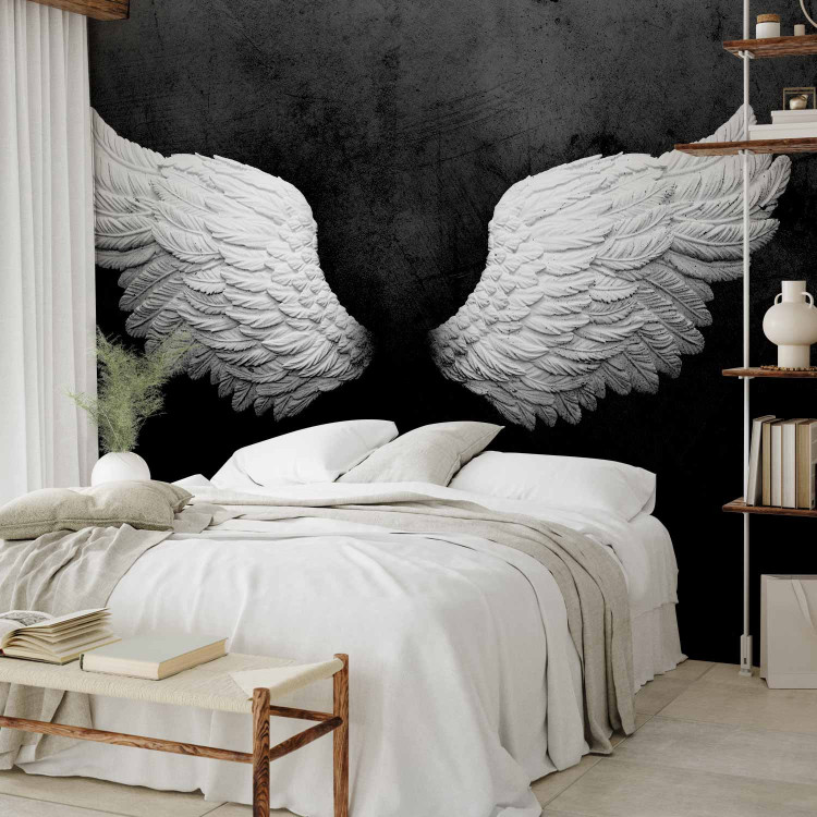 Wall Mural White feathers - black and white abstraction with angel wings with pattern 142868 additionalImage 2