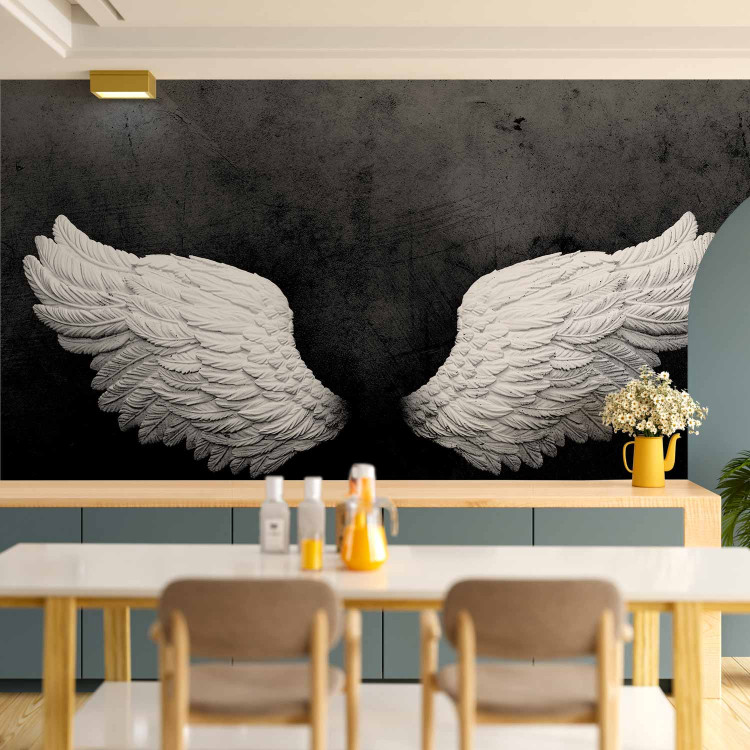 Wall Mural White feathers - black and white abstraction with angel wings with pattern 142868 additionalImage 6
