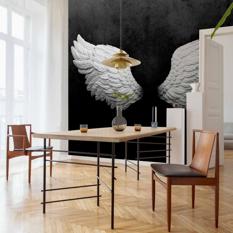 Wall Mural White feathers - black and white abstraction with angel wings with pattern 142868 additionalImage 7
