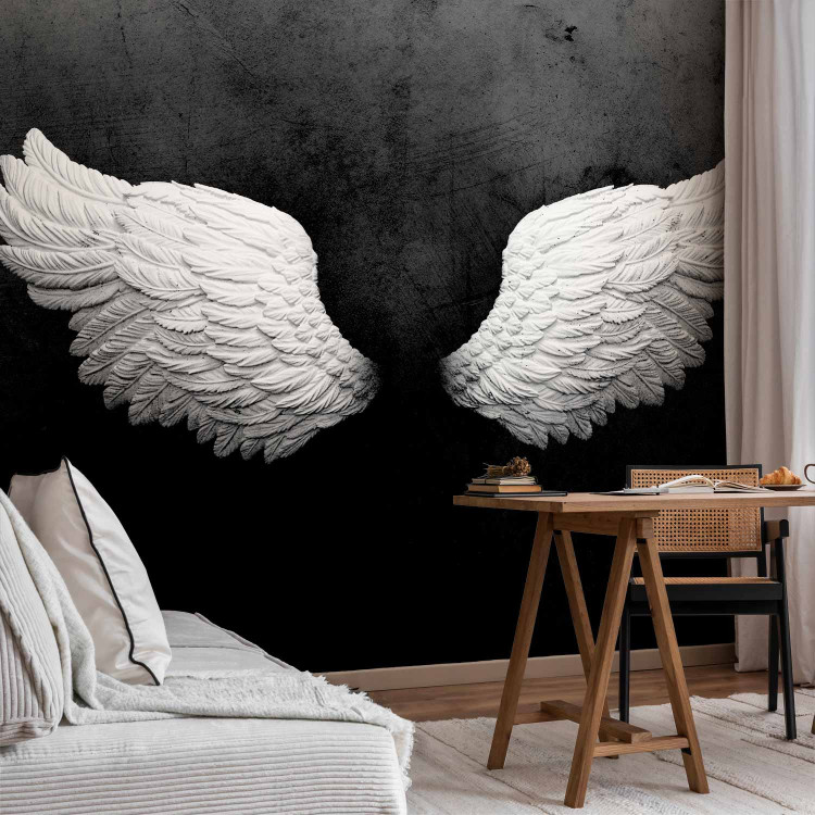 Wall Mural White feathers - black and white abstraction with angel wings with pattern 142868 additionalImage 4