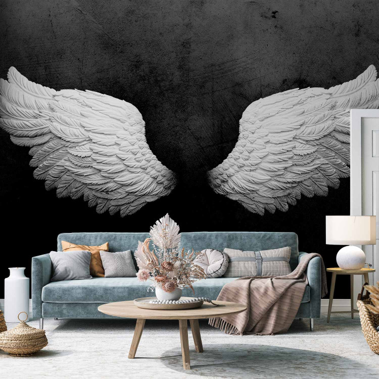 Wall Mural White feathers - black and white abstraction with angel wings with pattern 142868