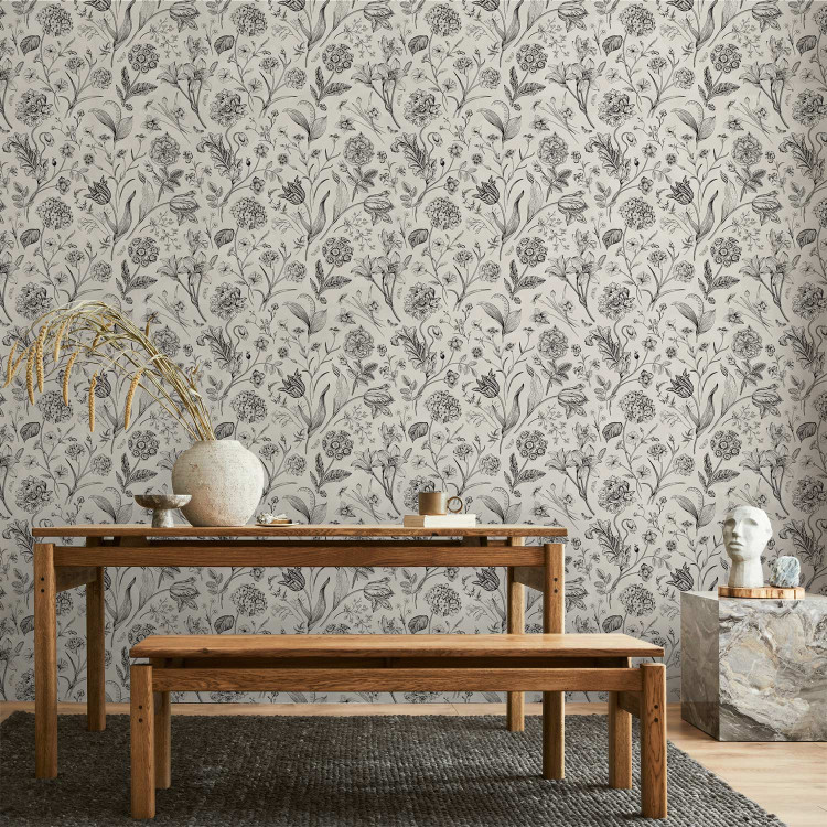 Modern Wallpaper Vintage Style Meadow - Sketches of Flowers in Black and White Colors 149868 additionalImage 5