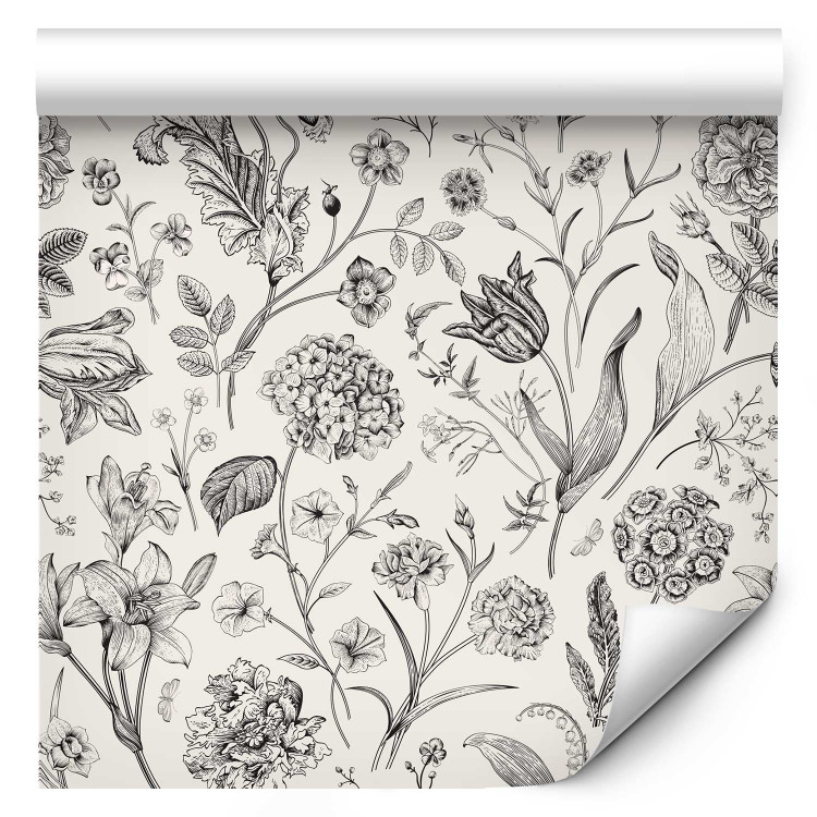 Modern Wallpaper Vintage Style Meadow - Sketches of Flowers in Black and White Colors 149868 additionalImage 1