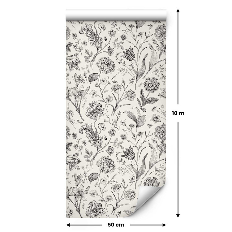 Modern Wallpaper Vintage Style Meadow - Sketches of Flowers in Black and White Colors 149868 additionalImage 2
