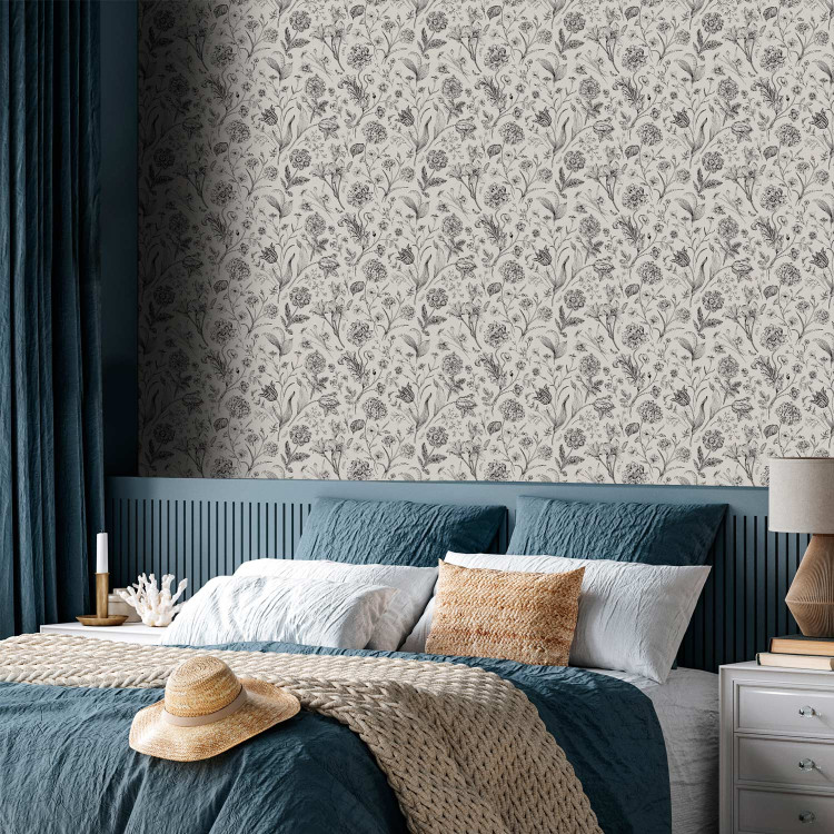 Modern Wallpaper Vintage Style Meadow - Sketches of Flowers in Black and White Colors 149868 additionalImage 4
