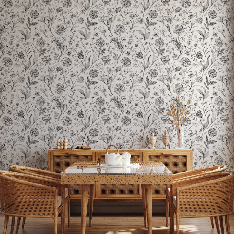 Modern Wallpaper Vintage Style Meadow - Sketches of Flowers in Black and White Colors 149868 additionalImage 8