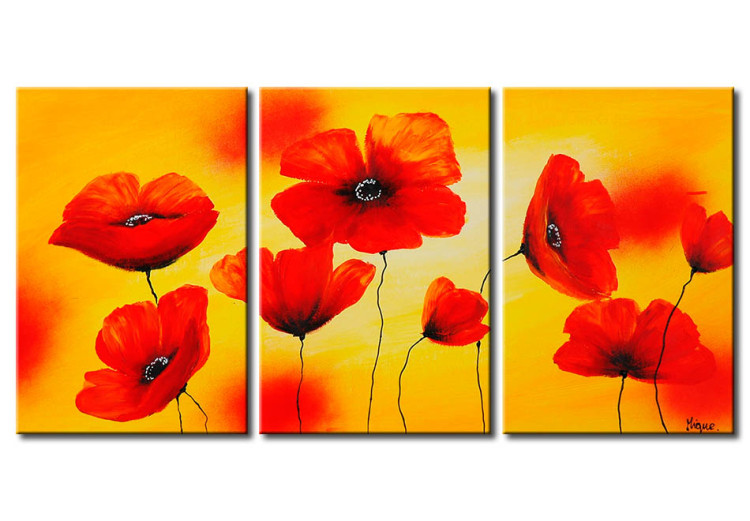 Canvas Poppies (3-piece) - floral motif of red flowers on a yellow background 47168