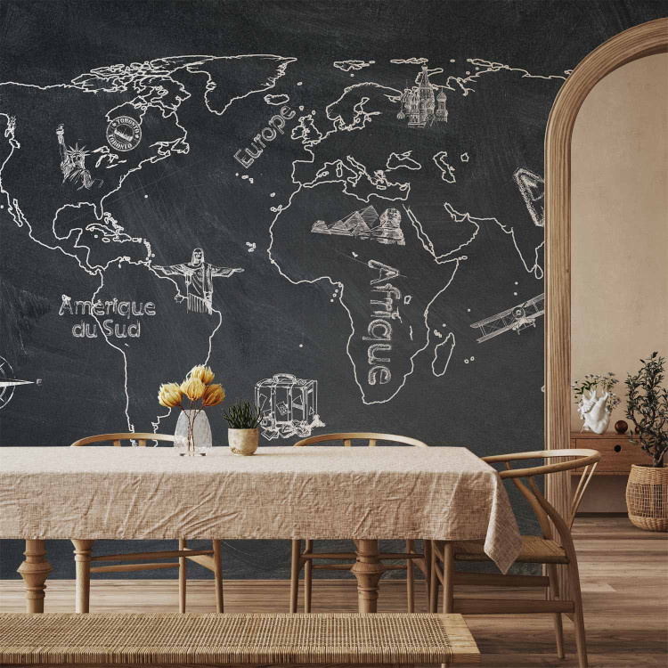 Photo Wallpaper World Map - continents drawn with chalk on a black background 59968 additionalImage 6