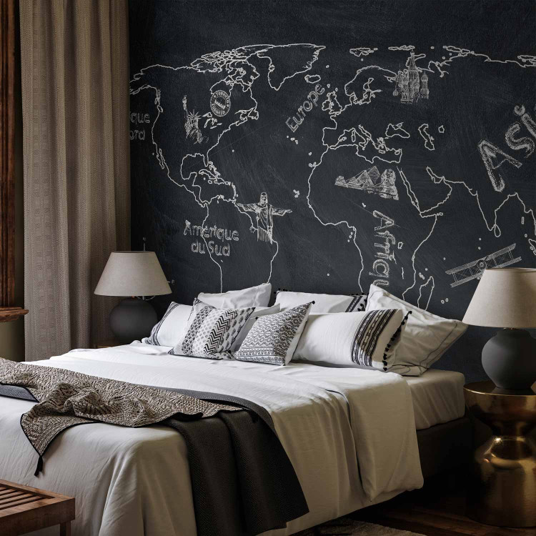 Photo Wallpaper World Map - continents drawn with chalk on a black background 59968 additionalImage 2