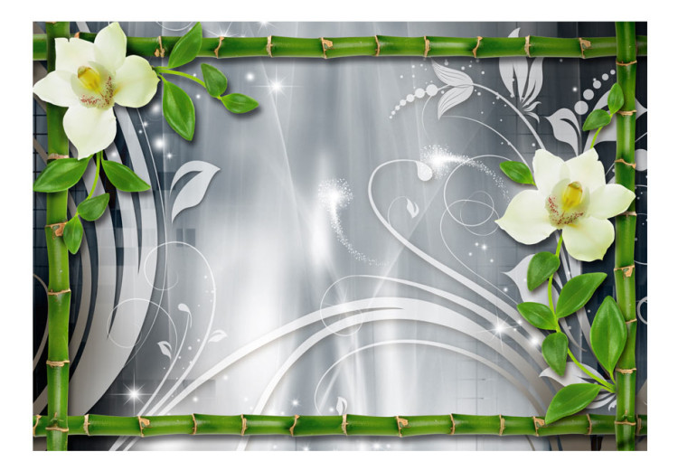 Wall Mural Plant composition with bamboos - orchids with ornaments on a grey background 97268 additionalImage 1