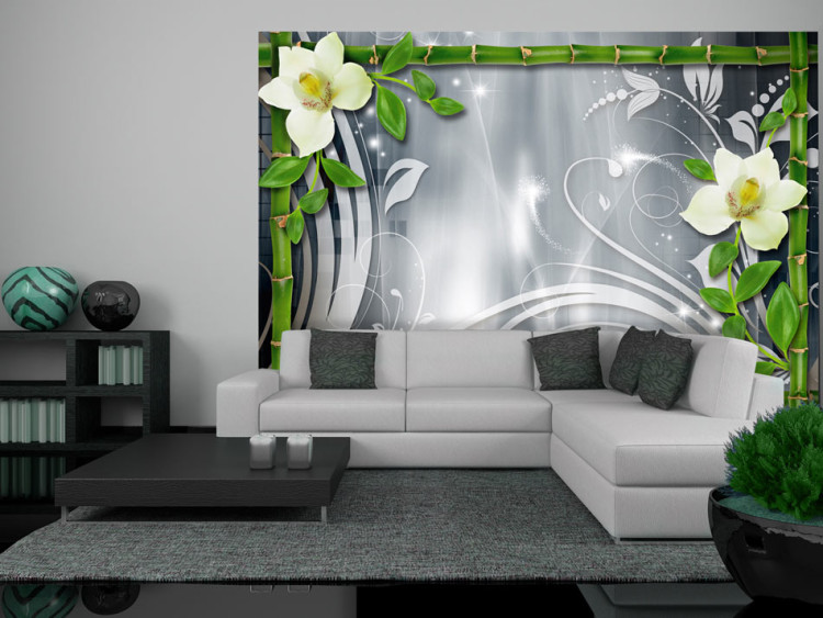 Wall Mural Plant composition with bamboos - orchids with ornaments on a grey background 97268