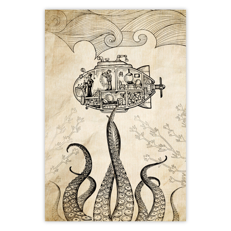 Wall Poster Vintage Submarine - maritime abstraction with the sea in sepia tones 129378
