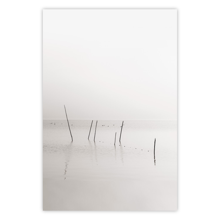 Poster Misty Trail - landscape of sticks protruding from the water on a white background 130378