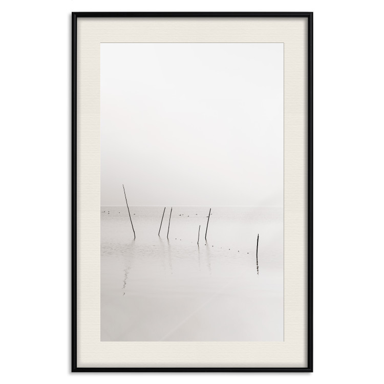 Poster Misty Trail - landscape of sticks protruding from the water on a white background 130378 additionalImage 26