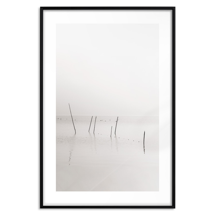 Poster Misty Trail - landscape of sticks protruding from the water on a white background 130378 additionalImage 19