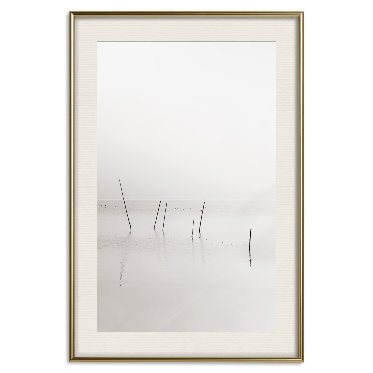 Poster Misty Trail - landscape of sticks protruding from the water on a white background 130378 additionalImage 27
