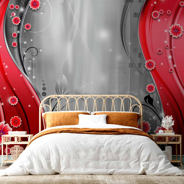 Wall Mural Behind the red curtain - modern background with red flowers and glitter 97178 additionalImage 2
