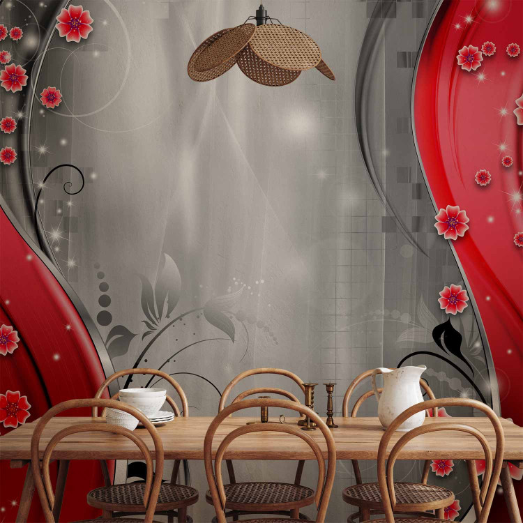 Wall Mural Behind the red curtain - modern background with red flowers and glitter 97178 additionalImage 6