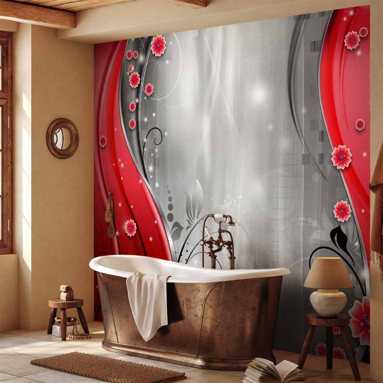 Wall Mural Behind the red curtain - modern background with red flowers and glitter 97178 additionalImage 8
