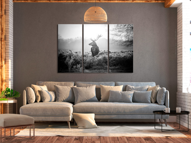 Canvas Art Print Deer in Nostalgia (3-piece) - Black and White Stag Figure in Field 105788 additionalImage 3